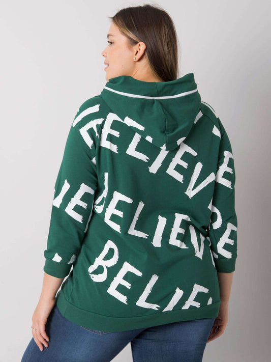 Ciemnozielona bluza plus size z kapturem i nadrukami