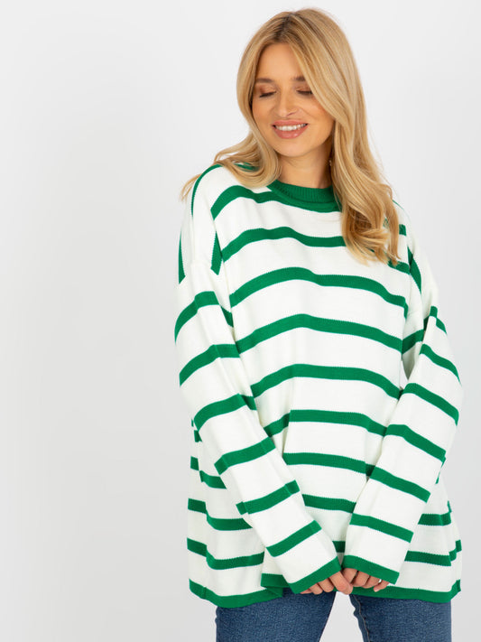 Ciemnozielono-ecru sweter oversize w paski z wełną RUE PARIS