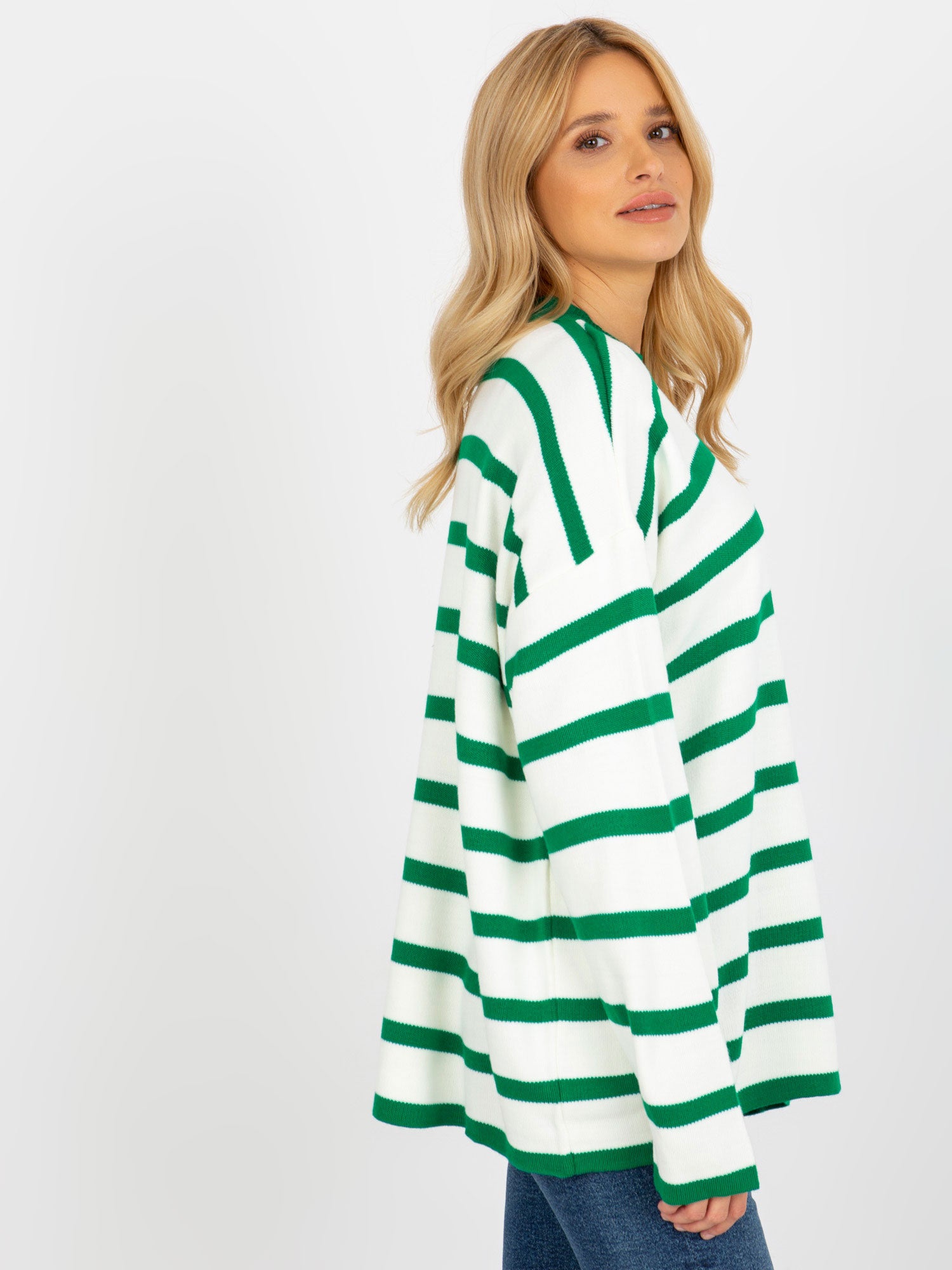 Ciemnozielono-ecru sweter oversize w paski z wełną RUE PARIS