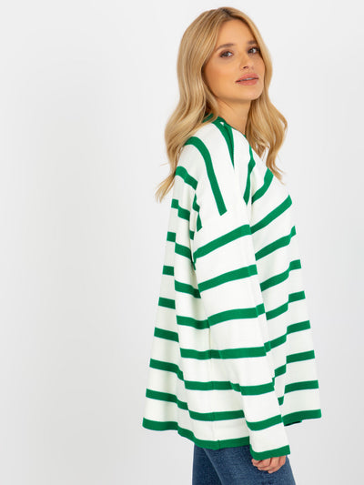 Ciemnozielono-ecru sweter oversize w paski z wełną RUE PARIS