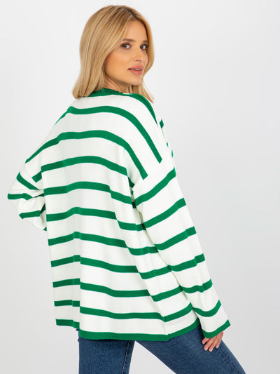 Ciemnozielono-ecru sweter oversize w paski z wełną RUE PARIS