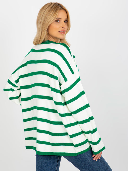 Ciemnozielono-ecru sweter oversize w paski z wełną RUE PARIS
