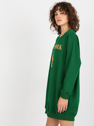 Ciemnozielono-pomarańczowo długa bluza oversize z napisem