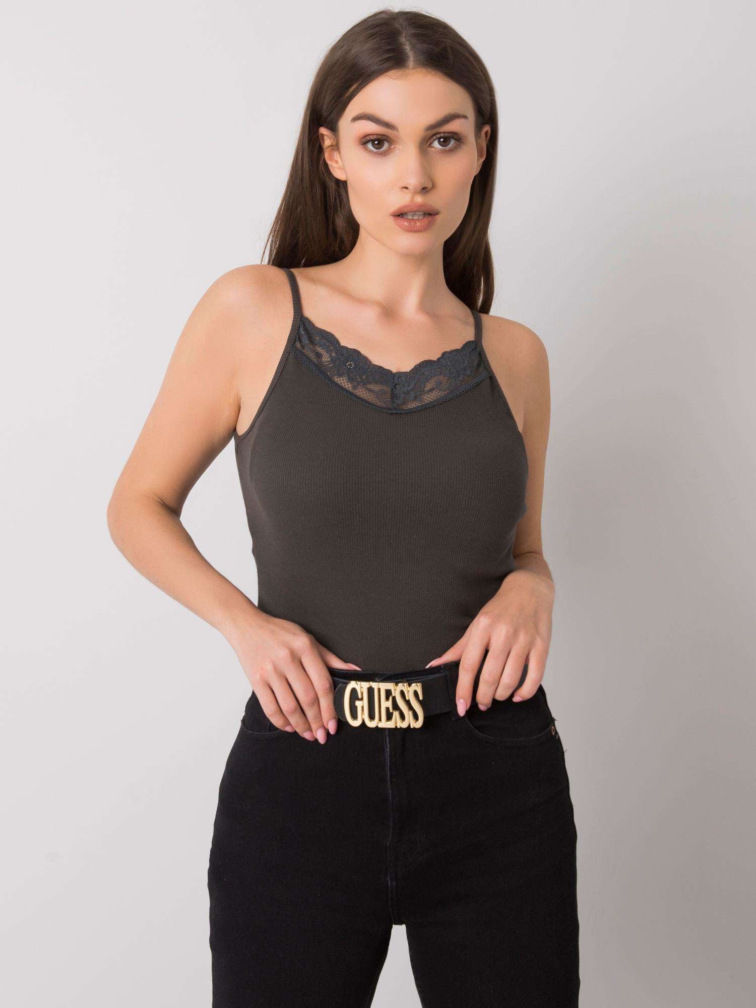 Ciemny khaki top z koronką