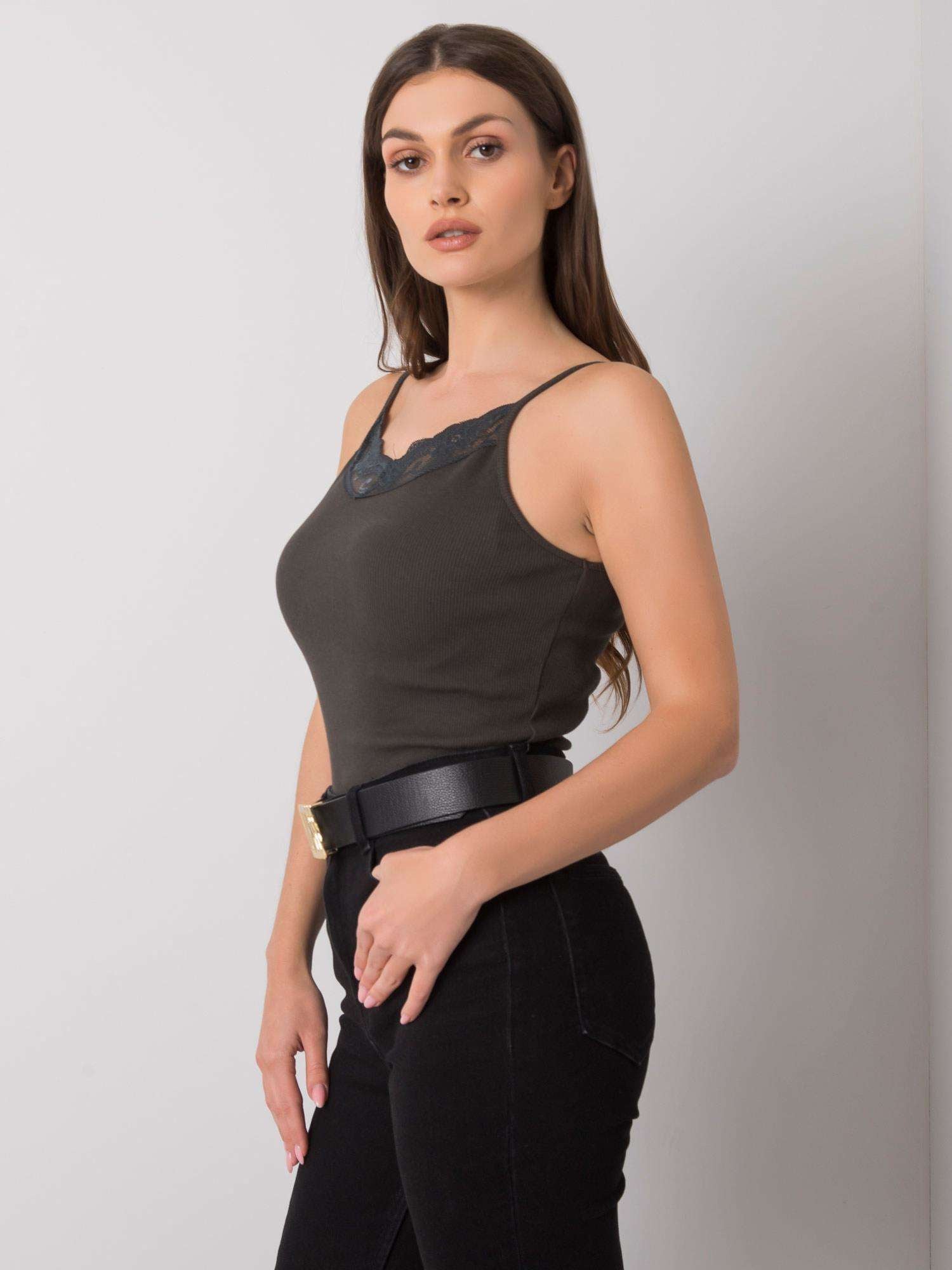 Ciemny khaki top z koronką