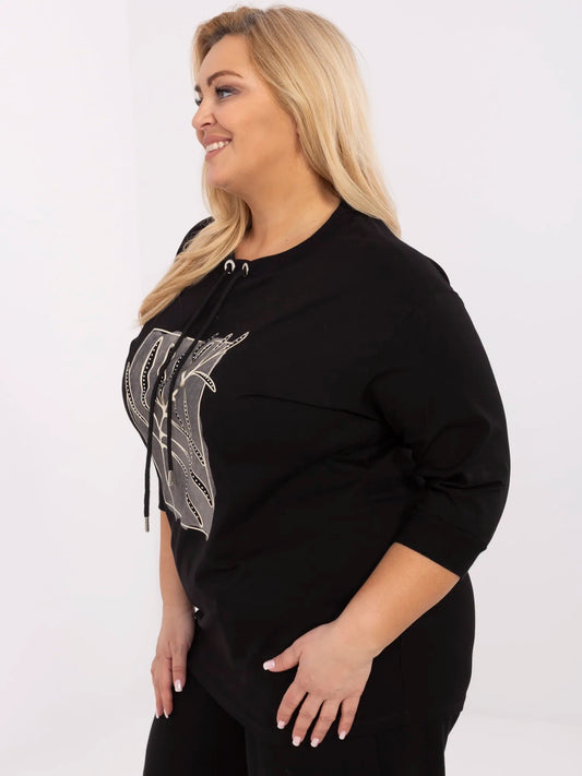 Czarna bawełniana bluzka plus size z aplikacjami