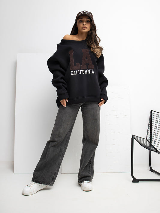 RUE PARIS Czarna damska bluza oversize z naszywką