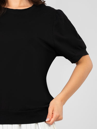 RUE PARIS Czarna bluzka basic z krótkim rękawem
