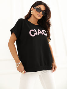 RUE PARIS Czarna bluzka oversize z kontrastowym napisem