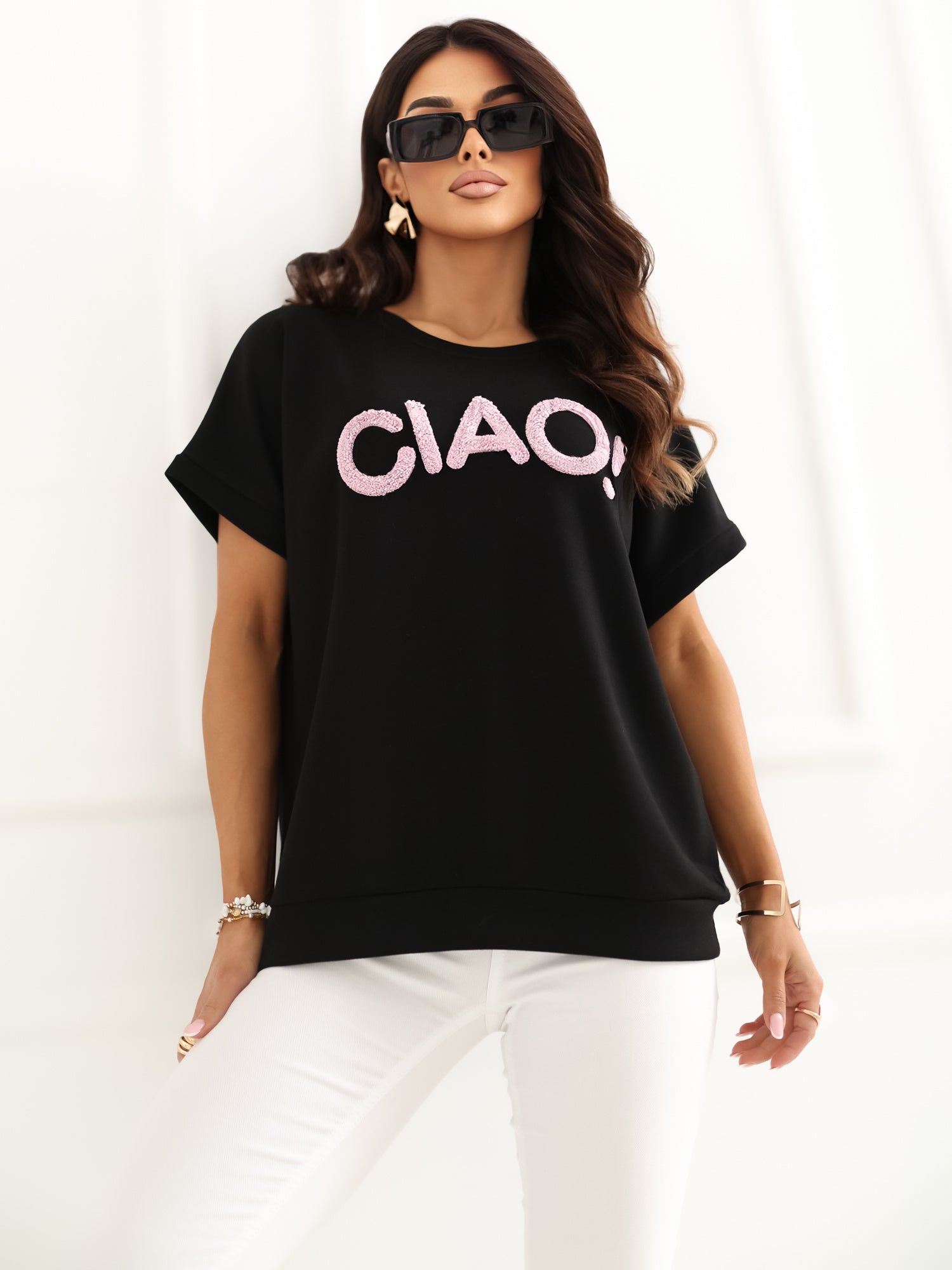 RUE PARIS Czarna bluzka oversize z kontrastowym napisem