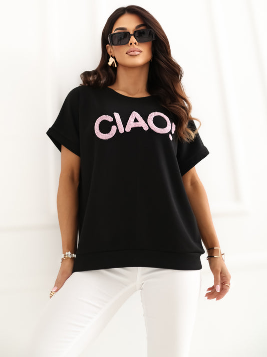 RUE PARIS Czarna bluzka oversize z kontrastowym napisem