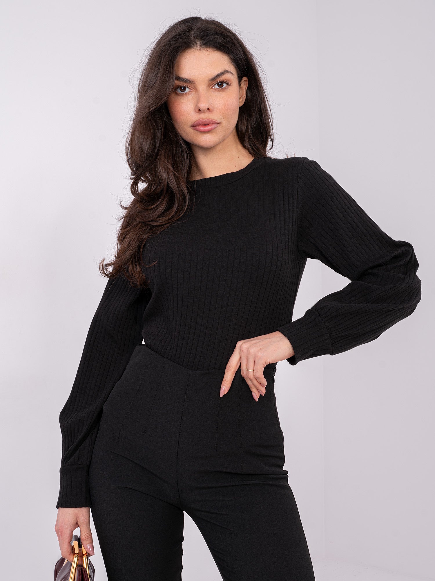 RUE PARIS Czarna bluzka longsleeve w prążek