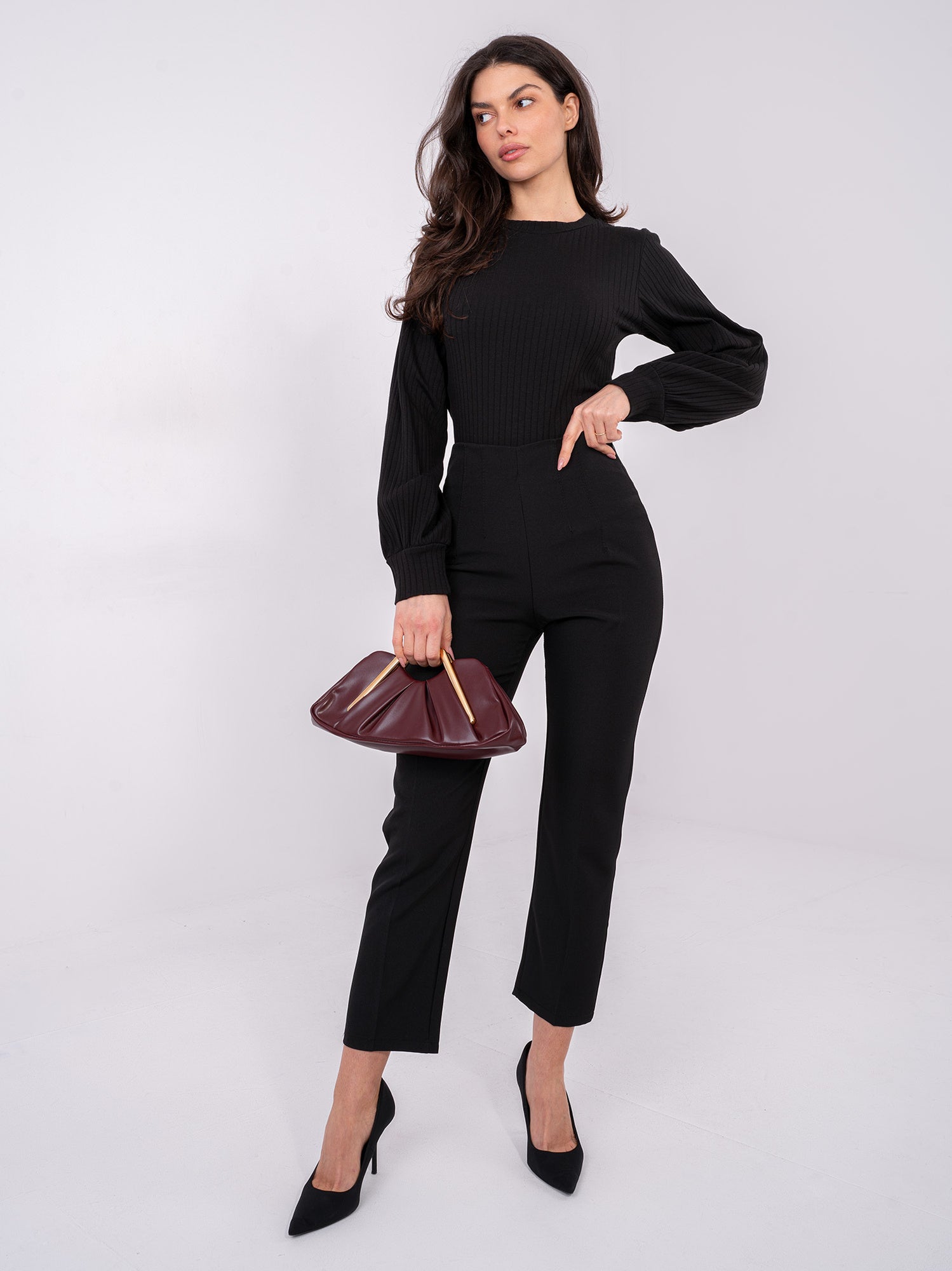 RUE PARIS Czarna bluzka longsleeve w prążek