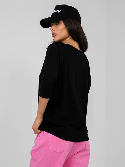 RUE PARIS Czarna bluzka basic z okrągłym dekoltem
