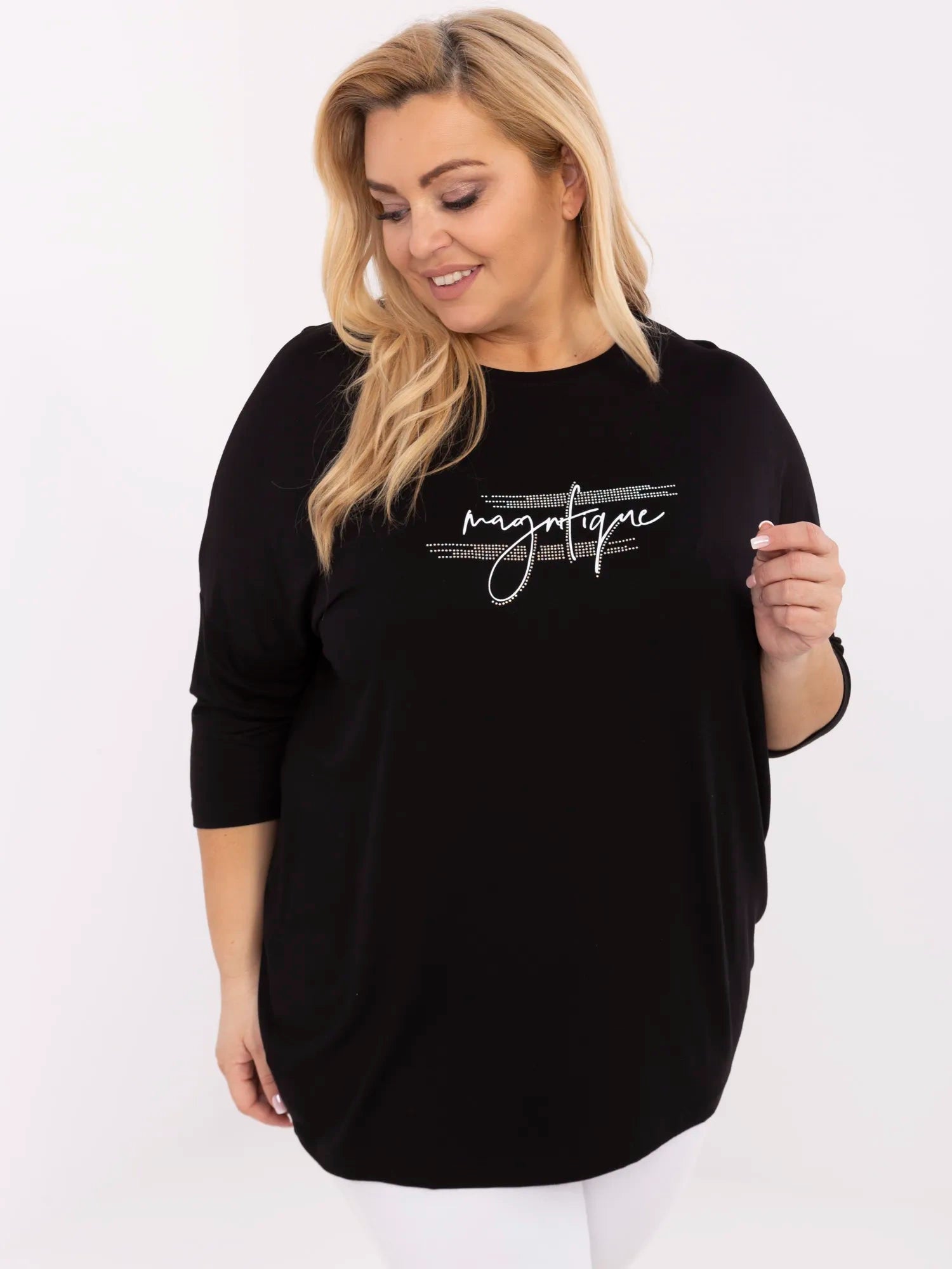 Czarna damska bluzka plus size z rękawem 3/4
