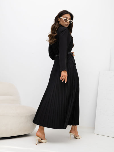 RUE PARIS Czarna elegancka sukienka z paskiem