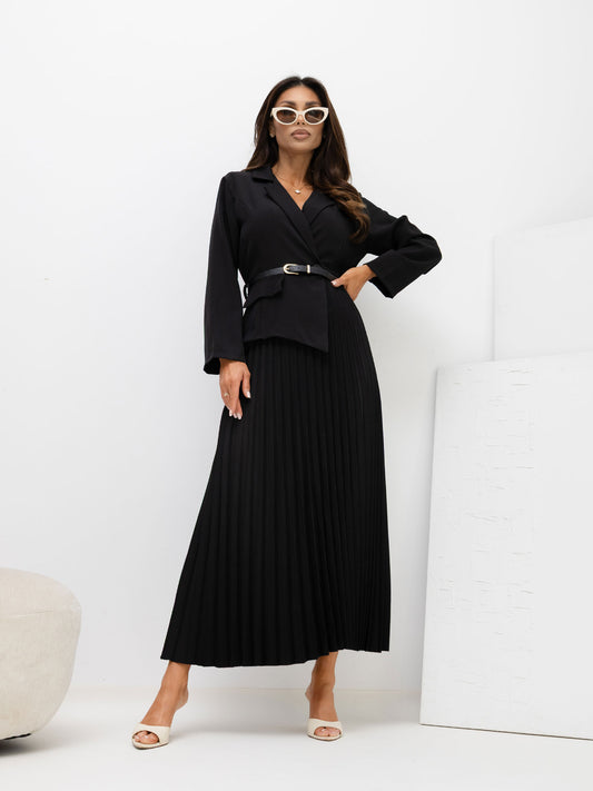 RUE PARIS Czarna elegancka sukienka z paskiem