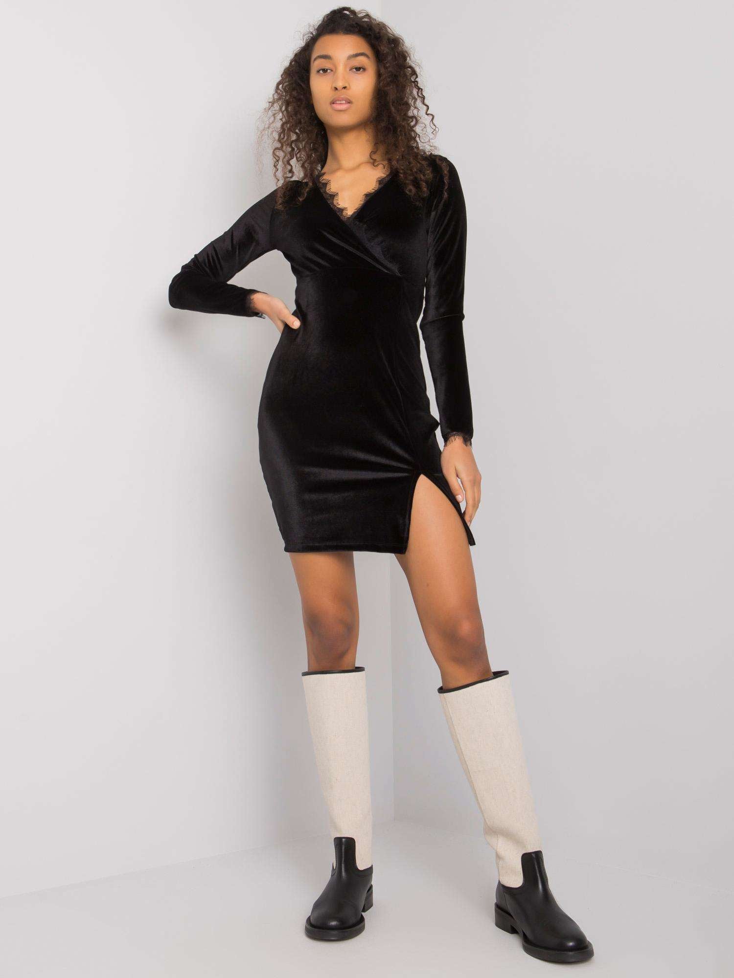 RUE PARIS Czarna sukienka welurowa mini