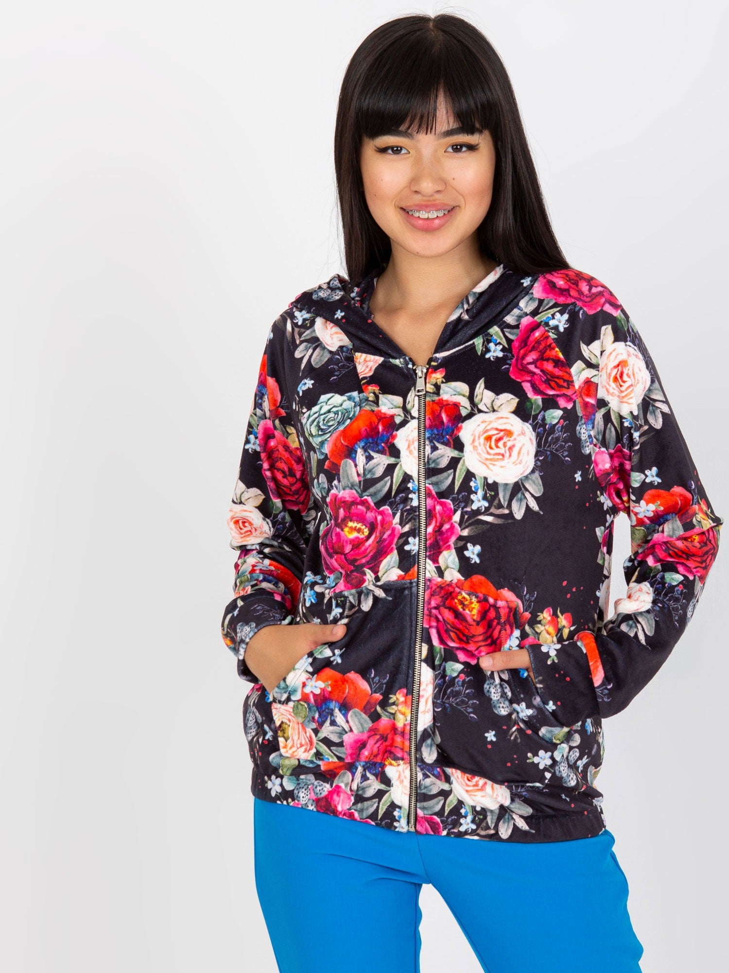 Czarna welurowa bluza rozpinana z printem RUE PARIS
