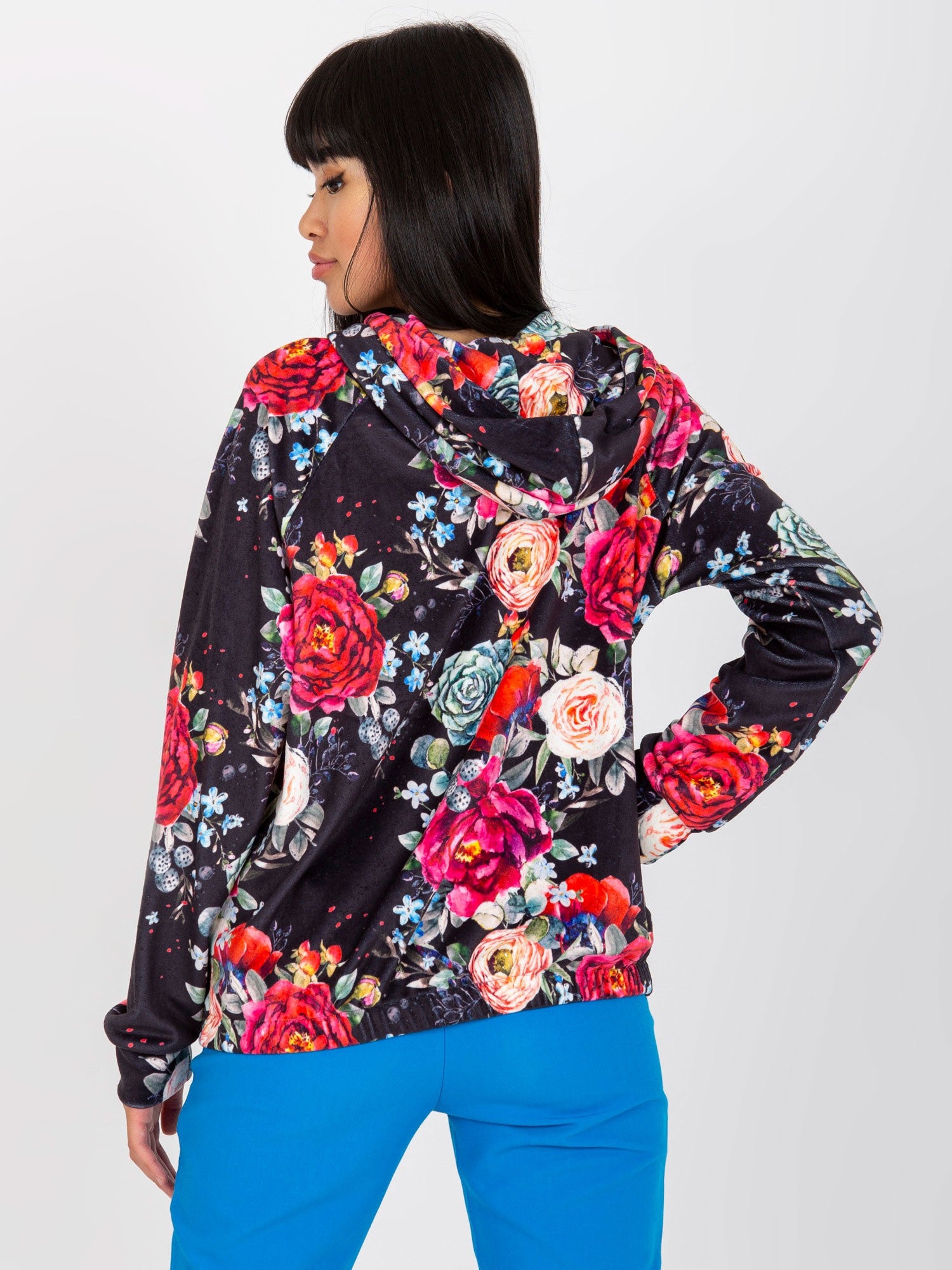 Czarna welurowa bluza rozpinana z printem RUE PARIS