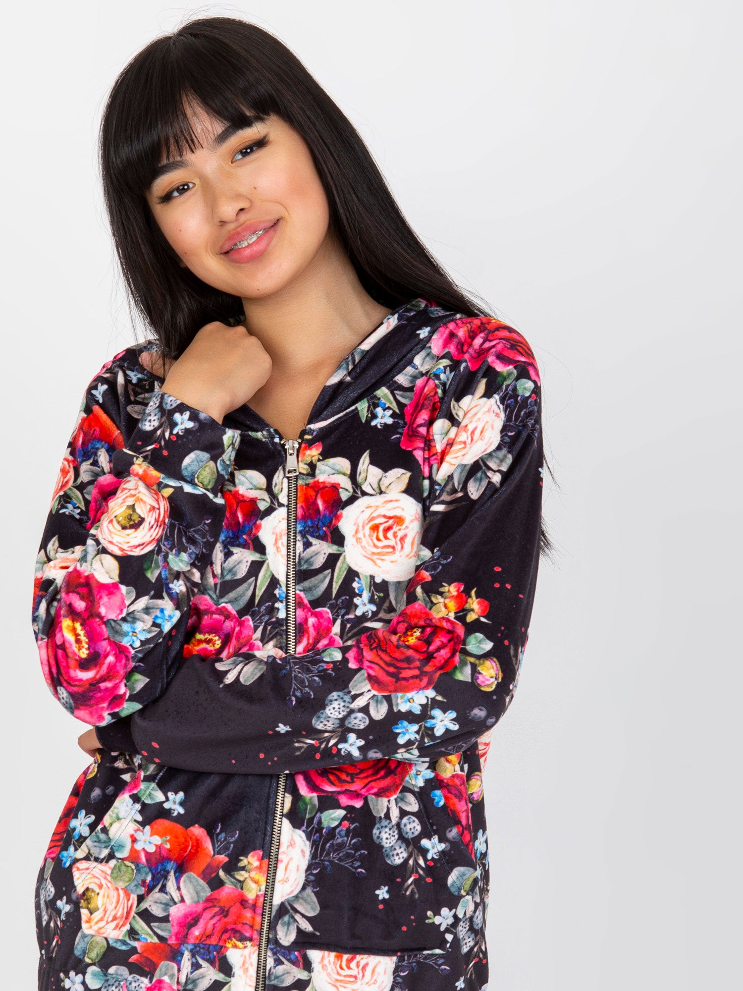 Czarna welurowa bluza rozpinana z printem RUE PARIS