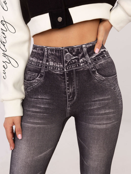 Czarne  damskie legginsy z imitacją jeansu