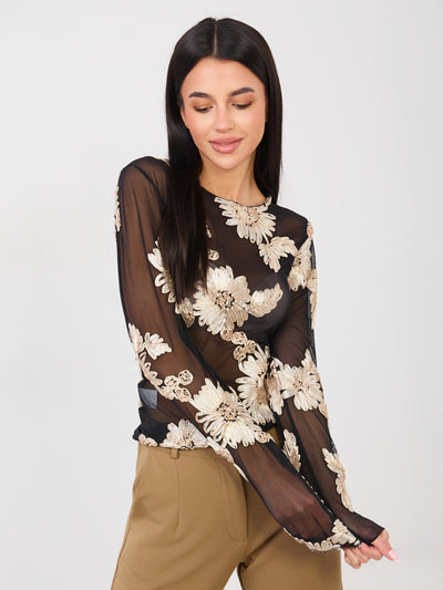 Czarno-beżowa bluzka z kwiatowymi aplikacjami
