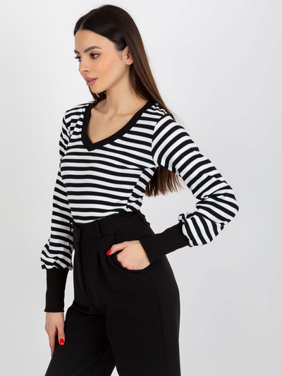 Czarno-biała prążkowana bluzka z dekoltem V BASIC FEEL GOOD