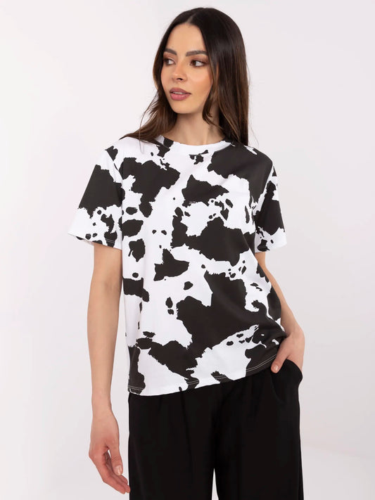 Czarno-biały bawełniany t-shirt w krowi wzór