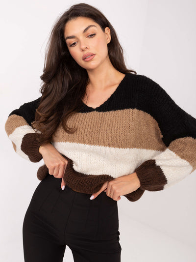 RUE PARIS Czarno-brązowy sweter oversize w paski