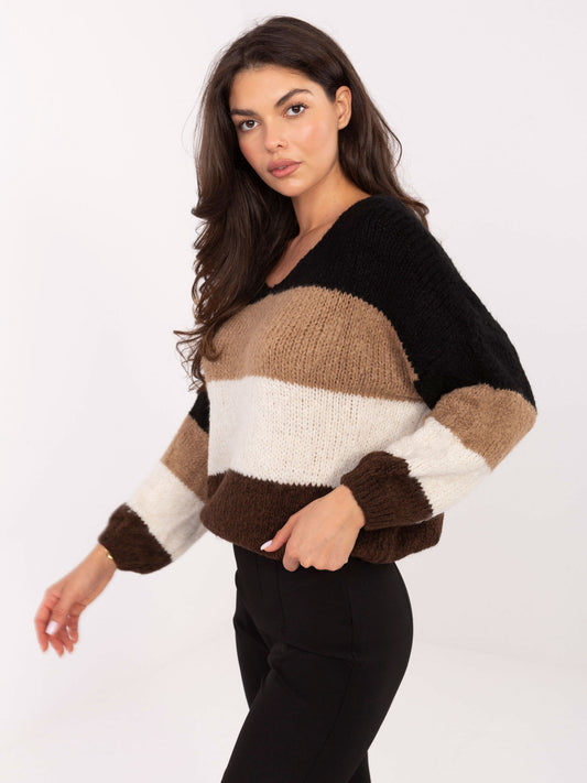RUE PARIS Czarno-brązowy sweter oversize w paski