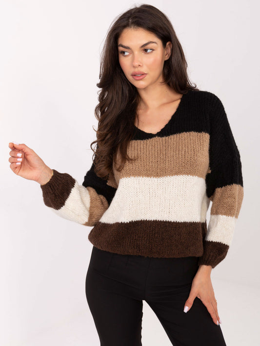 RUE PARIS Czarno-brązowy sweter oversize w paski