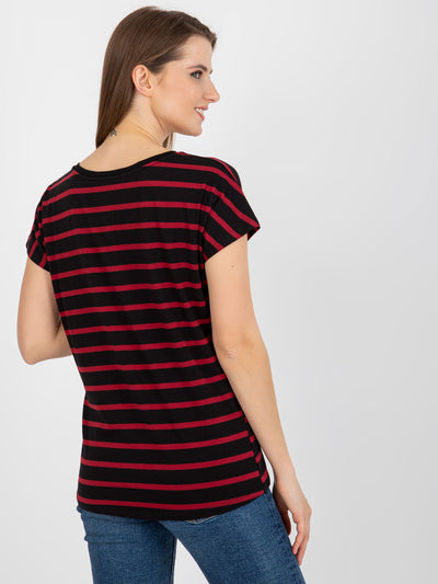 Czarno-czerwony damski t-shirt basic w paski z bawełny