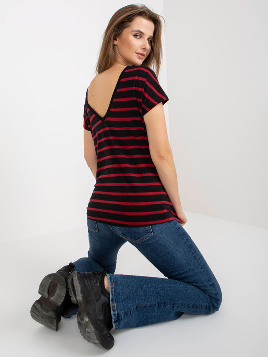 Czarno-czerwony damski t-shirt w paski BASIC FEEL GOOD