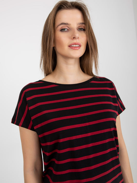 Czarno-czerwony damski t-shirt w paski BASIC FEEL GOOD