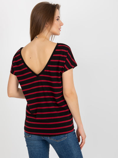 Czarno-czerwony damski t-shirt w paski BASIC FEEL GOOD