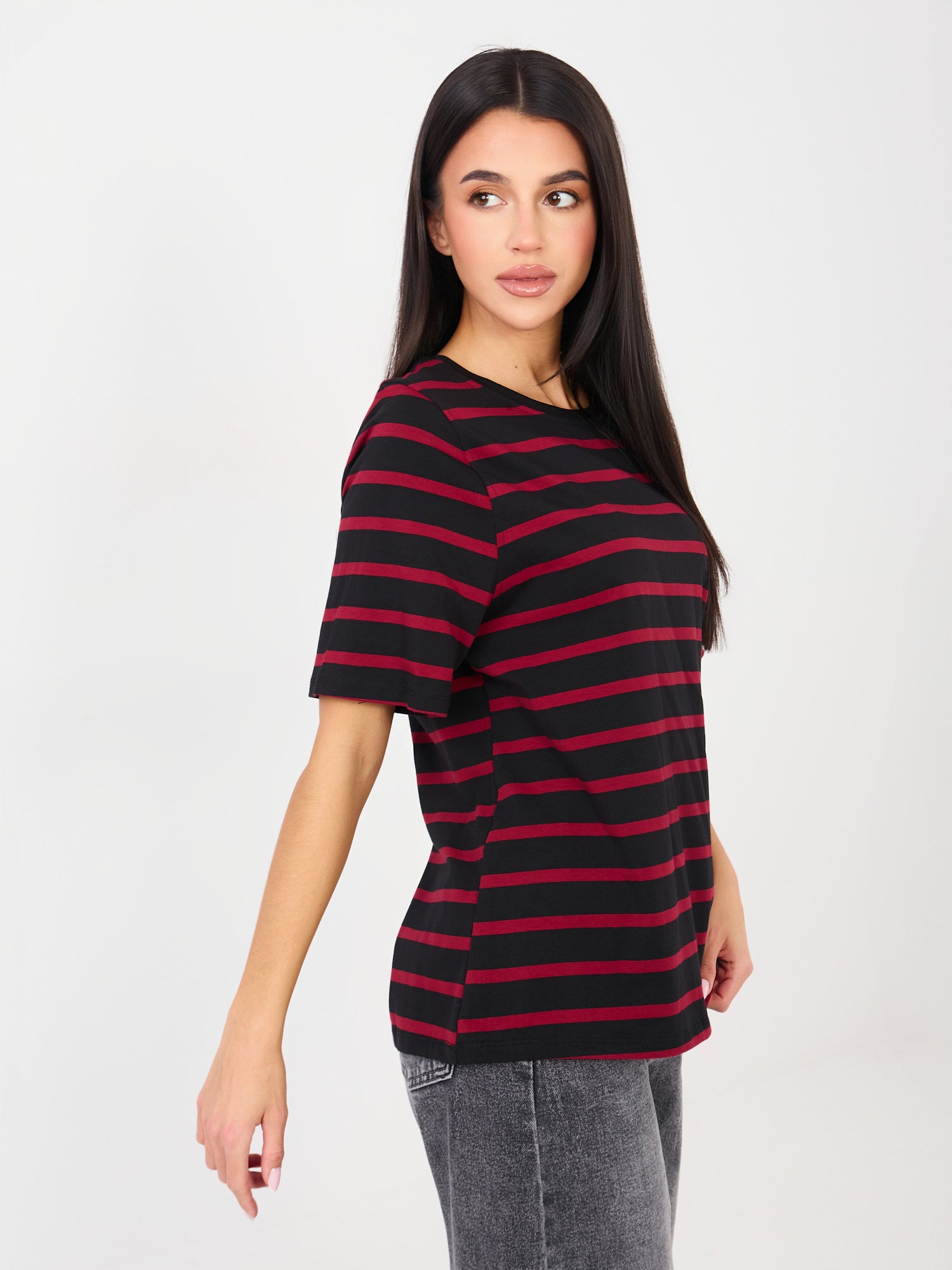 RUE PARIS Czarno-czerwony bawełniany t-shirt basic