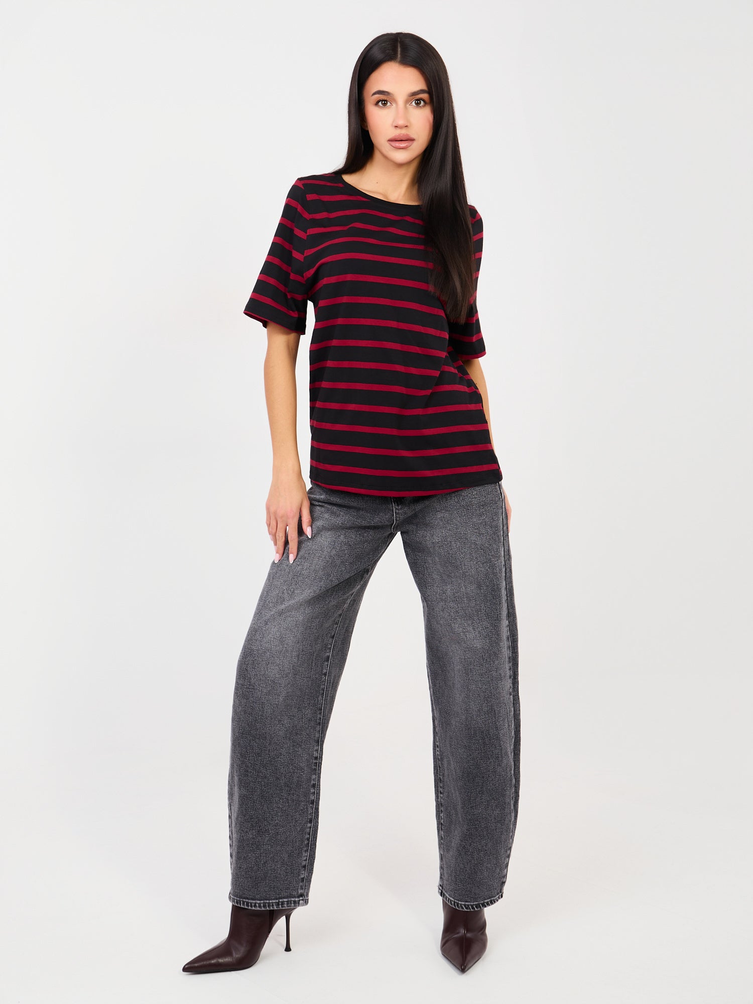 RUE PARIS Czarno-czerwony bawełniany t-shirt basic