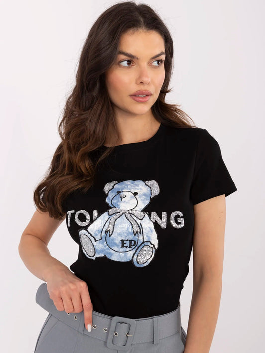 Czarno-niebieski t-shirt z aplikacją misia