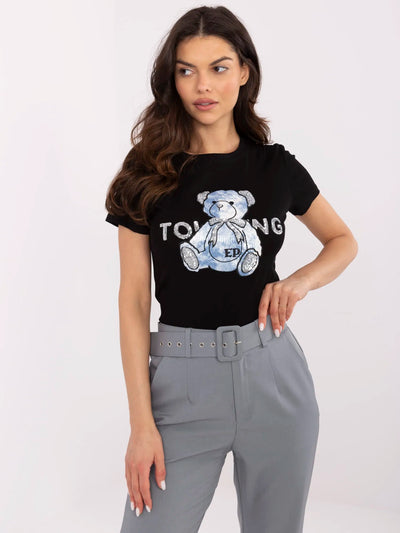 Czarno-niebieski t-shirt z aplikacją misia