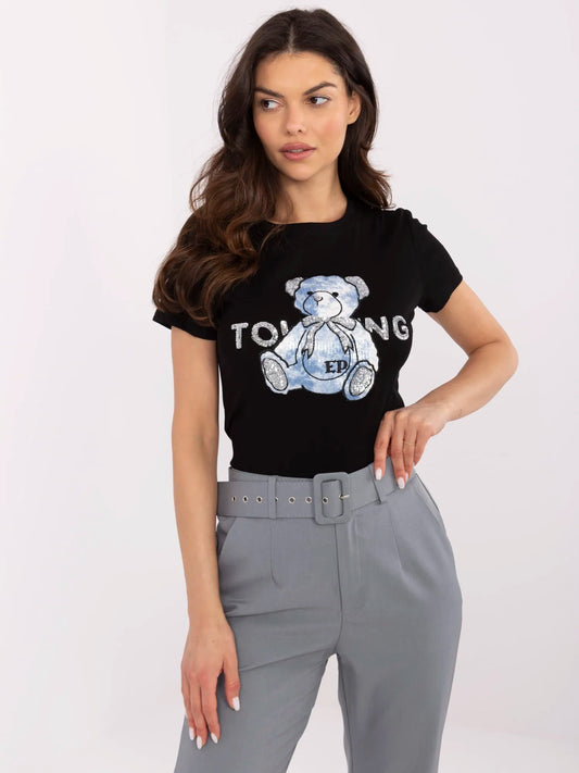 Czarno-niebieski t-shirt z aplikacją misia