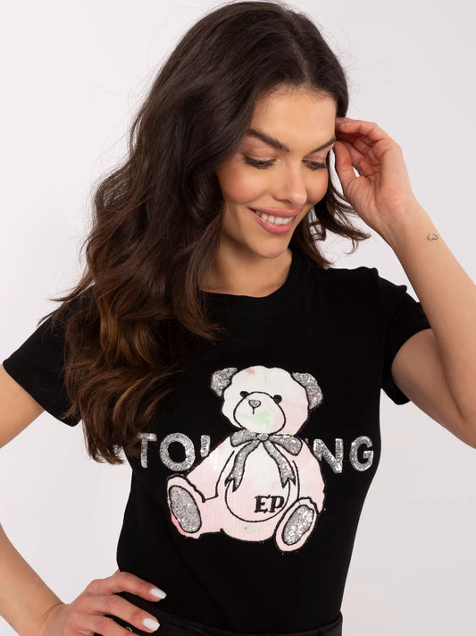 Czarno-różowy damski t-shirt z aplikacją misia