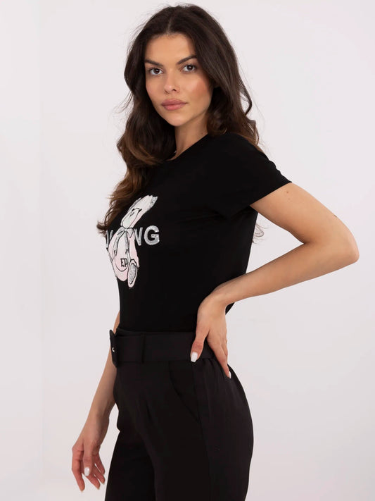 Czarno-różowy damski t-shirt z aplikacją misia