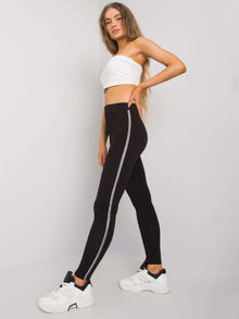RUE PARIS Czarno-srebrne legginsy z lampasami