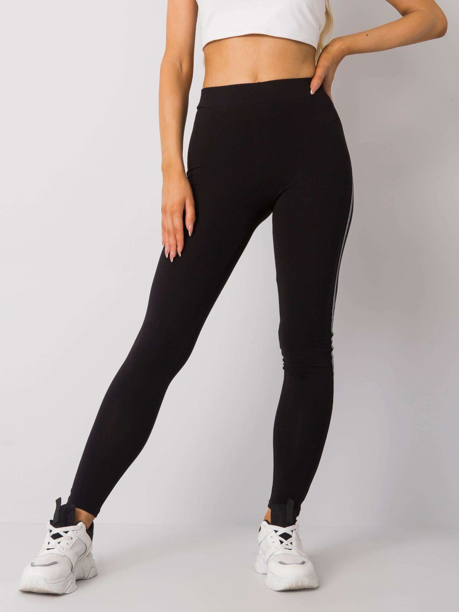 RUE PARIS Czarno-srebrne legginsy z lampasami