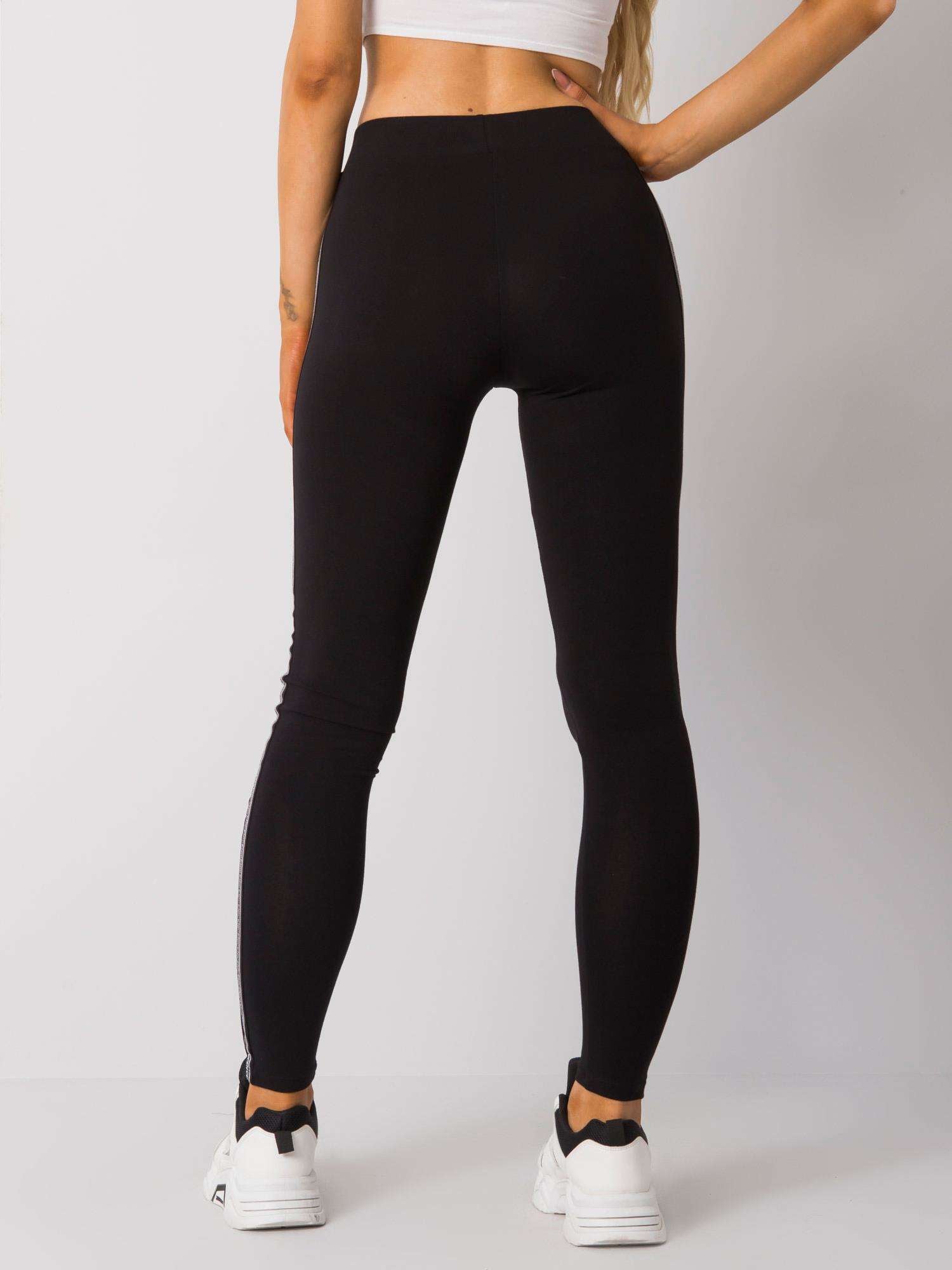 RUE PARIS Czarno-srebrne legginsy z lampasami