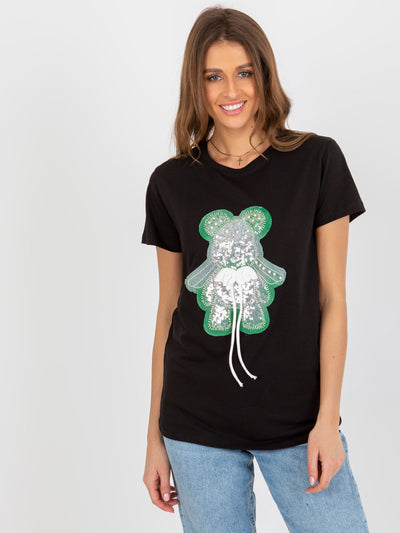 Czarno-zielony bawełniany damski t-shirt z aplikacją