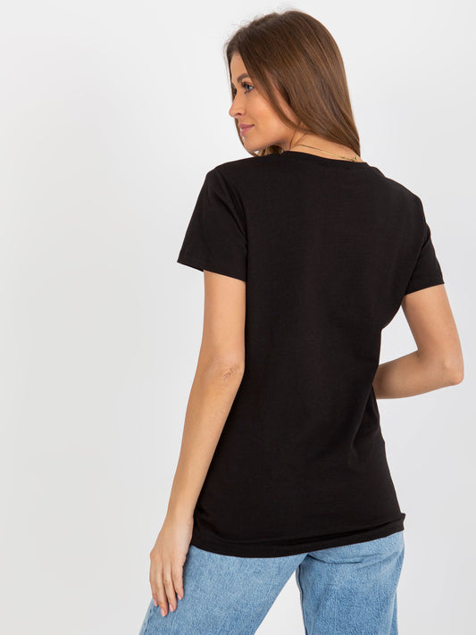 Czarno-zielony bawełniany damski t-shirt z aplikacją