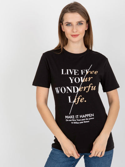 Czarny damski t-shirt z napisami i okrągłym dekoltem