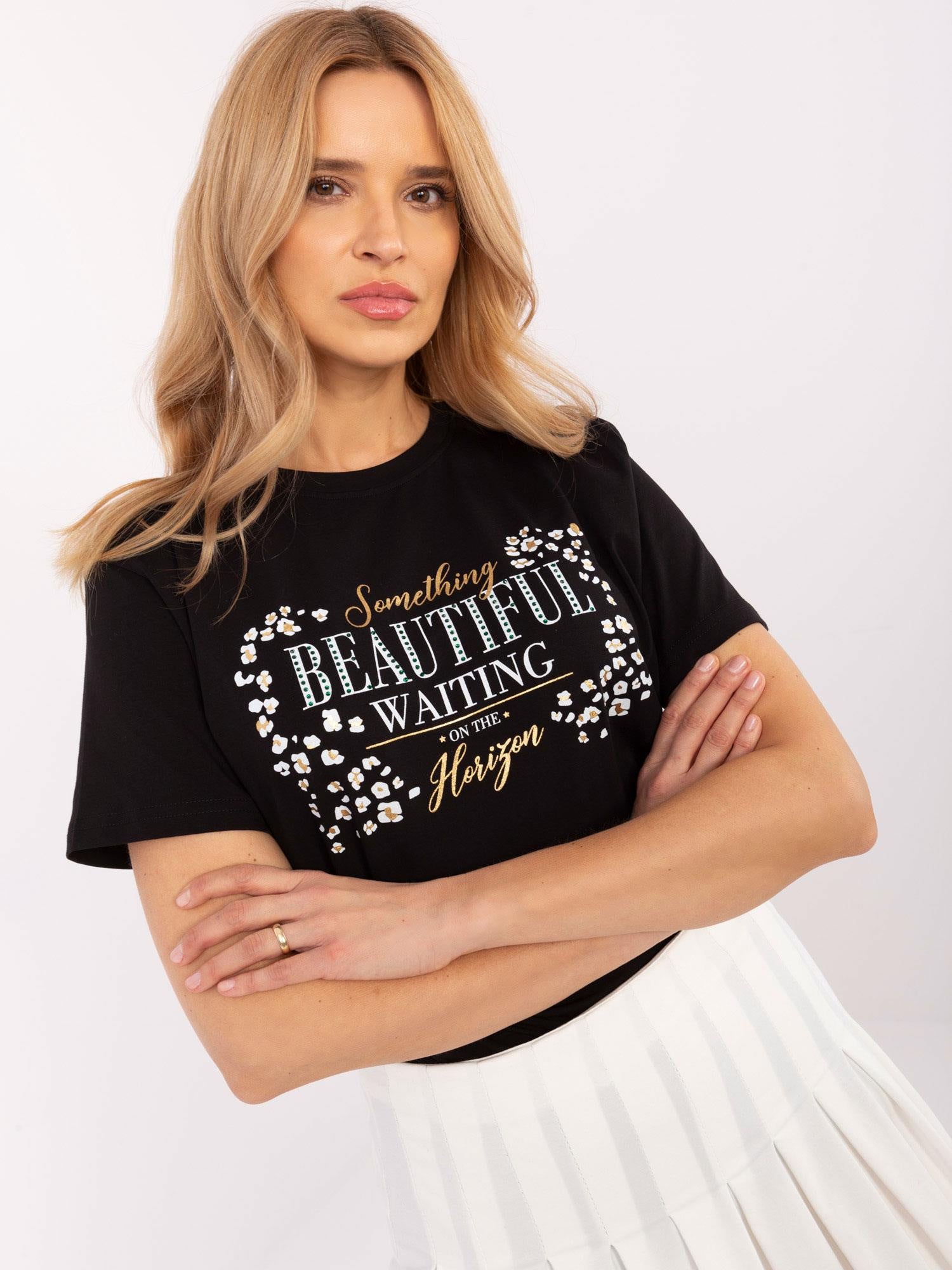 Czarny damski t-shirt z aplikacją z dżetów